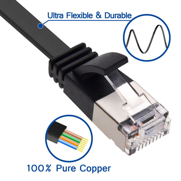 15Ft Cat6 U/FTP Flat Ethernet Network Cable Black 30AWG