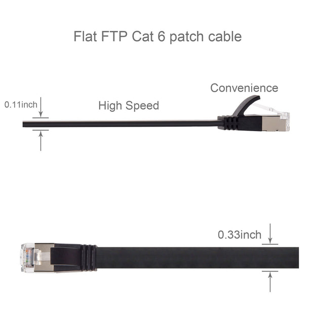 7Ft Cat6 U/FTP Flat Ethernet Network Cable Black 30AWG