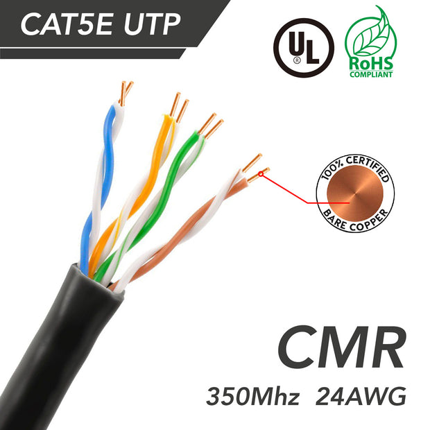 1000ft Cat.5e UTP 24AWG Solid CMR Bulk Cable Black, UL Listed