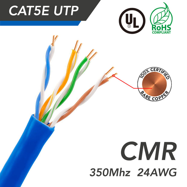 1000ft Cat.5e UTP 24AWG Solid CMR Bulk Cable Blue, UL Listed