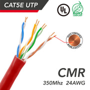 1000ft Cat.5e UTP 24AWG Solid CMR Bulk Cable Red, UL Listed