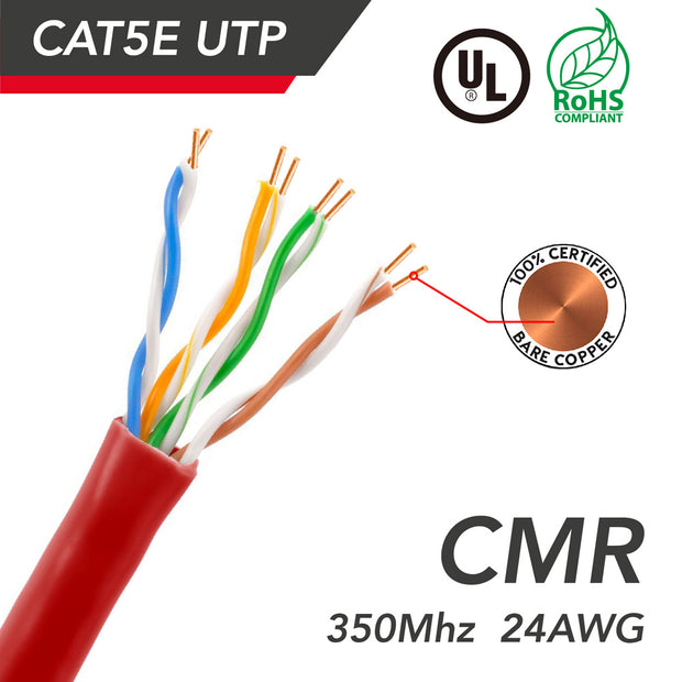 1000ft Cat.5e UTP 24AWG Solid CMR Bulk Cable Red, UL Listed