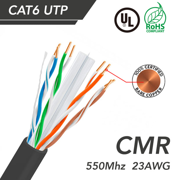 1000ft Cat.6 UTP 23AWG Solid CMR Bulk Cable Black, UL Listed