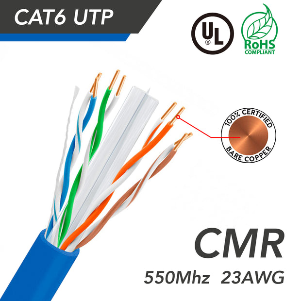 1000ft Cat.6 UTP 23AWG Solid CMR Bulk Cable Blue, UL Listed