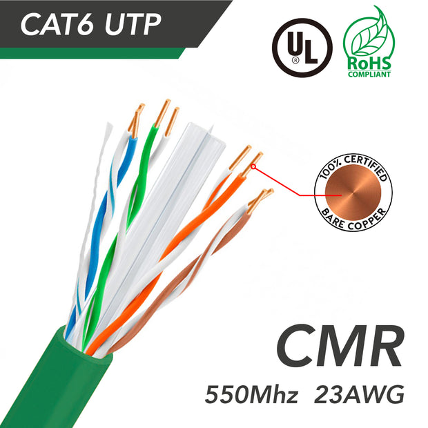 1000ft Cat.6 UTP 23AWG Solid CMR Bulk Cable Green, UL Listed