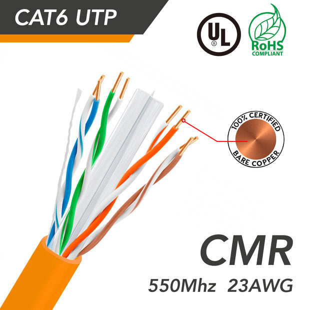 1000ft Cat.6 UTP 23AWG Solid CMR Bulk Cable Orange, UL Listed