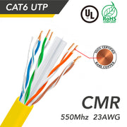 1000ft Cat.6 UTP 23AWG Solid CMR Bulk Cable Yellow, UL Listed