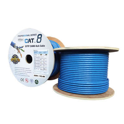 500Ft Cat.8 Solid S/FTP Bulk Wire 23AWG 40Gbps Blue