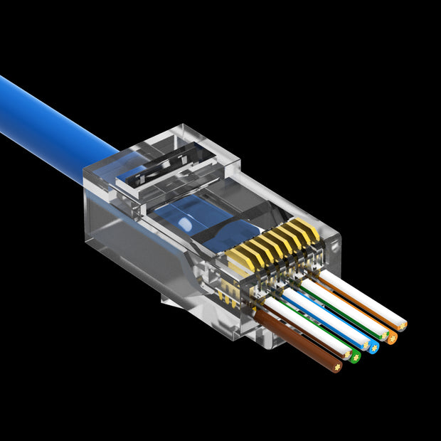 RJ45 Cat.6A UTP Feed Through Plug for Solid and Stranded 3-Prong 50 Micron 100pk