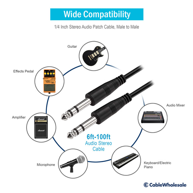 1/4 inch Stereo Audio Patch Cable, 1/4 Male