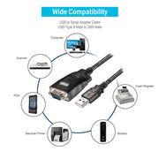 USB to Serial Adapter Cable, USB Type A Male to DB9 Male, 3 foot