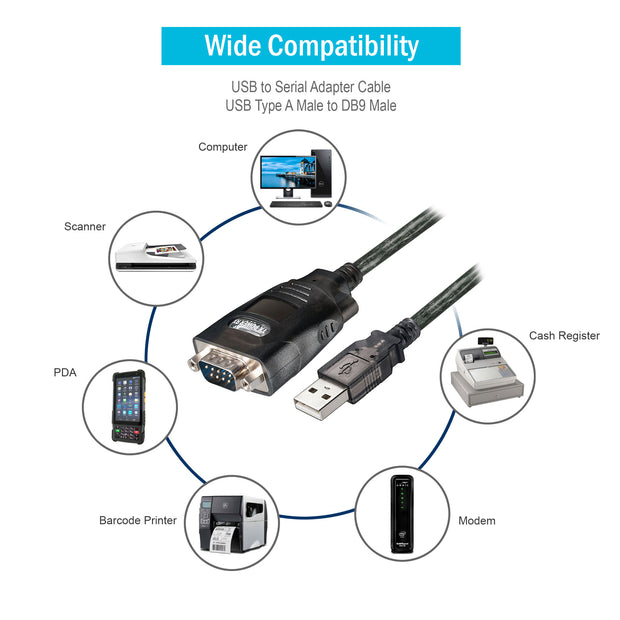 USB to Serial Adapter Cable, USB Type A Male to DB9 Male, 3 foot