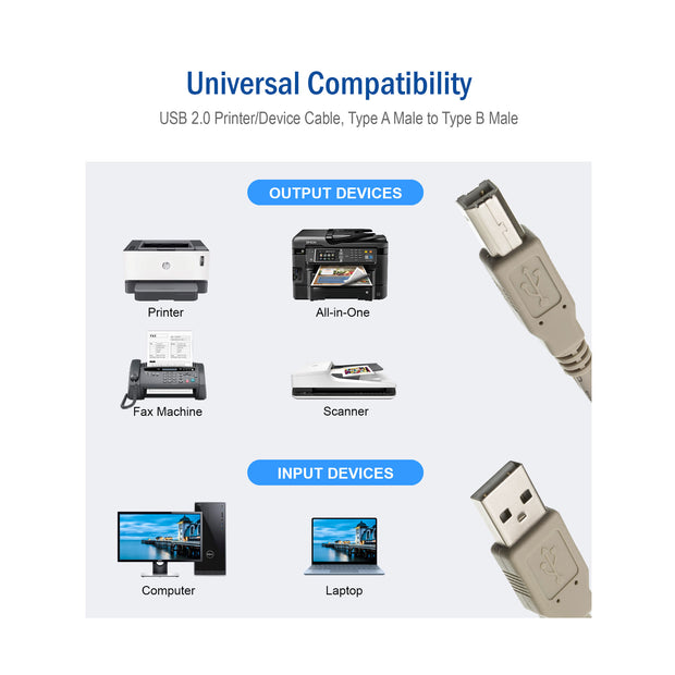 USB 2.0 Printer/Device Cable, Type A Male to Type B Male