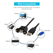 USB 2.0 Panel Mount Extension Cable, Type A Male to Panel Mount Female, Black