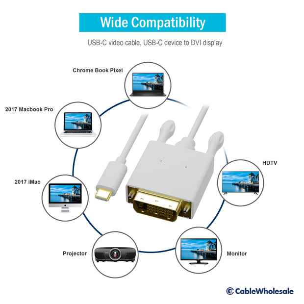 USB-C video cable, USB-C device to DVI display, 3 foot, white