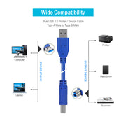 USB 3.0 Printer / Device Cable, Blue, Type A Male to Type B Male