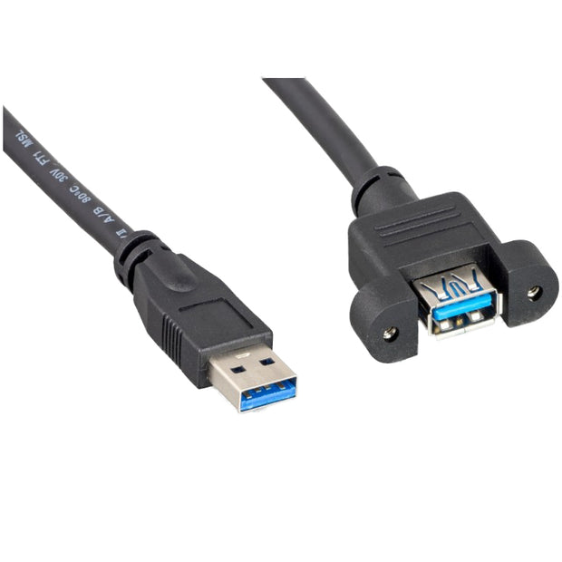USB 3.0 Panel Mount Extension Cable, Type A Male to Panel Mount Female, Black