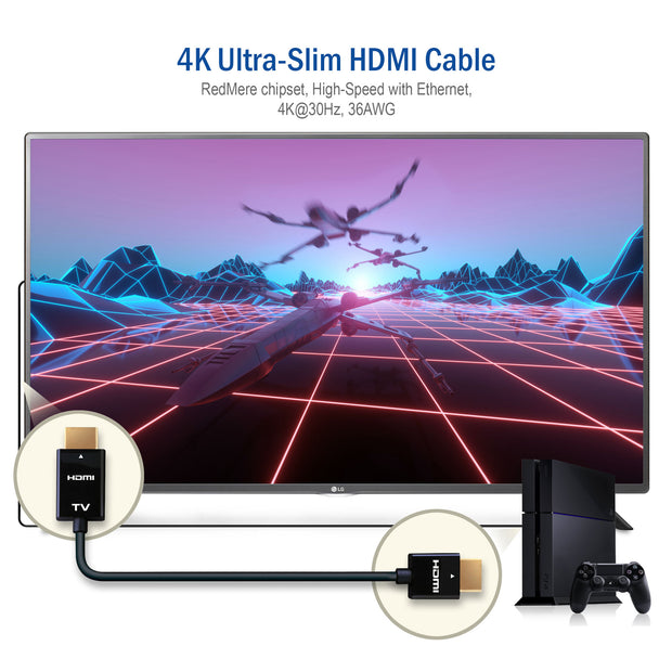 Ultra-Slim Active HDMI Cable, High-Speed with Ethernet , RedMere chipset, 4K@30Hz, 36AWG, black