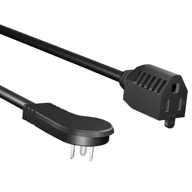 Power Extension Cord, Black, Low Profile Right Angle NEMA 5-15P to NEMA 5-15R, 13 Amp, 16 AWG