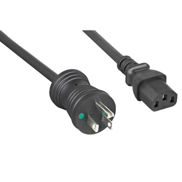Hospital Grade, Green Dot, Power Cord, Nema 5-15 to C13, 16 AWG, SJT, 13 Amp / 125 Volt, Black