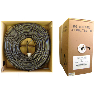 Bulk RG59/U Coaxial Cable, Black, 20 AWG, Solid Core, Copper, Pullbox, 1000 foot