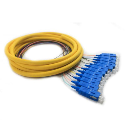 12 Strand Fiber Distribution Pigtail, Singlemode, SC/UPC Connectors, Blue Boots, 3 meter(1m 900um fanout + 2m distribution tail)