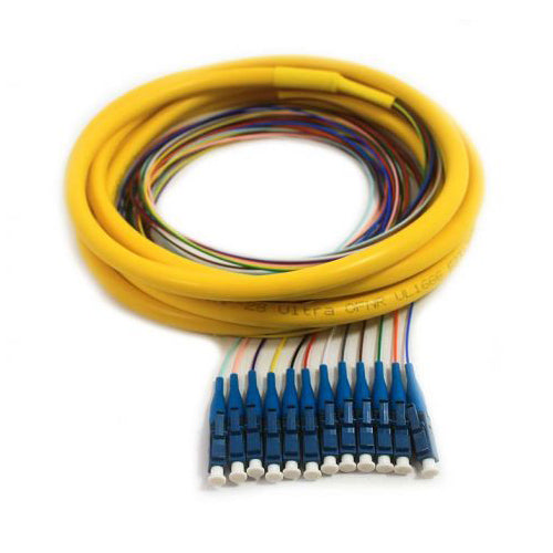 12 Strand Fiber Distribution Pigtail, Singlemode, LC/UPC Connectors, Blue Boots, 3 meter(1m 900um fanout + 2m distribution tail)