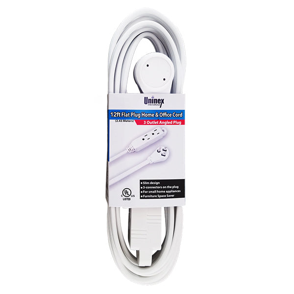 12Ft 16/3 Grounded 3-Outlet Flat Angle Power Extension Cord White