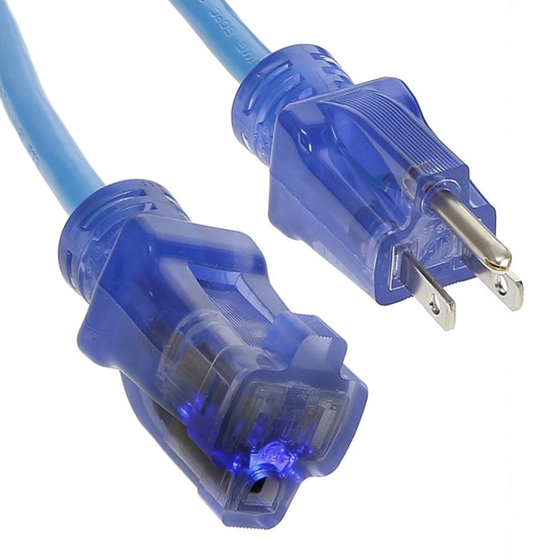 100Ft 14/3 SJTW Blue Power Extension Cord Lighted Clear Blue Plug