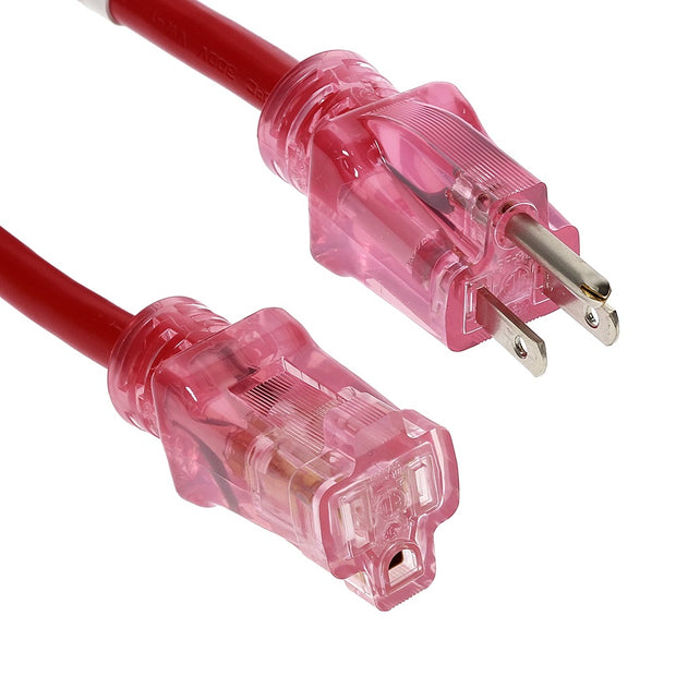 25Ft 12/3 SJTW Red Power Extension Cord Lighted Clear Red Plug