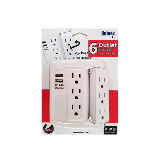 6 Outlet Swivel  Wall Tap  Adapter w/ 500J Surge Protector and 2 USB Charging Ports (2.1)