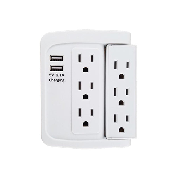 6 Outlet Swivel  Wall Tap  Adapter w/ 500J Surge Protector and 2 USB Charging Ports (2.1)