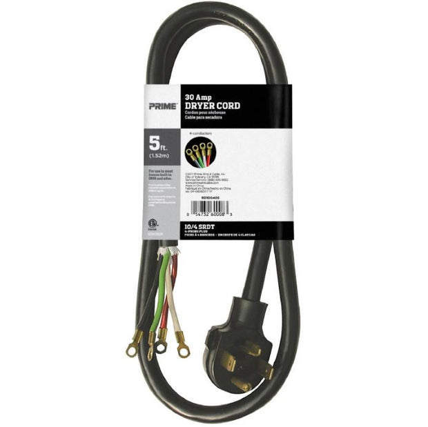 5Ft 10/4 30 Amp Black 4-Wire Dryer Cord