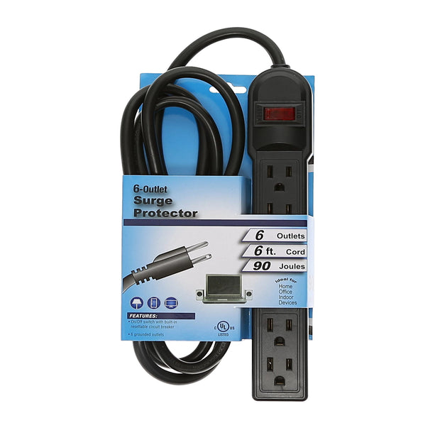 6Ft 6-Outlet Surge Protector 14AWG/3, 15A, 90J Black