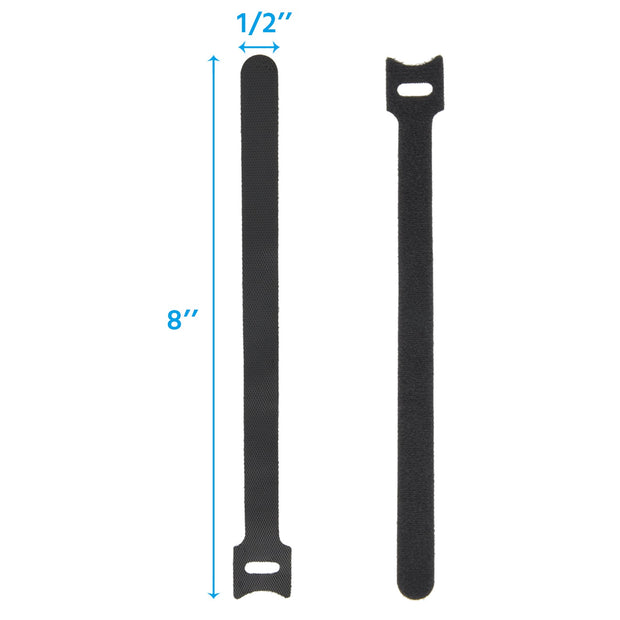 8" Hook and Loop Wrap Strap 1/2" Width Black, 100pc Pack