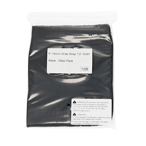 8" Hook and Loop Wrap Strap 1/2" Width Black, 100pc Pack