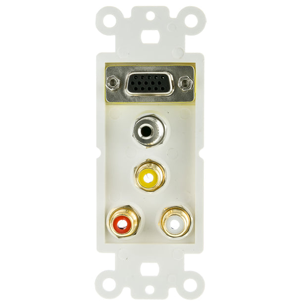 Decora Wall Plate Insert, White, with 1 VGA, 3.5mm Stereo and 3 RCA (Red/White/Yellow) Female Couplers