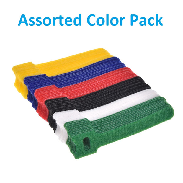 4 inch Hook and Loop Wrap Strap.  60Pc/Pack. 10 each black, blue, green,, red, white, and yellow