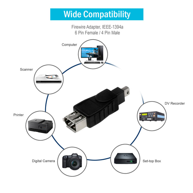 Firewire Adapter, IEEE-1394a , 6 Pin Female / 4 Pin Male