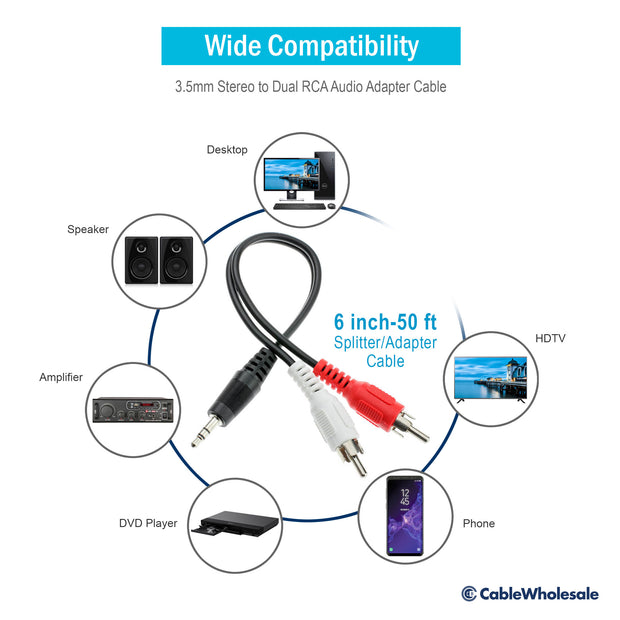 3.5mm Stereo to Dual RCA Audio Adapter Cable, 3.5mm Male to Dual RCA Male (Red/White), 6 inch