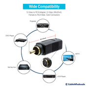 S Video to RCA Adapter, S-Video (MiniDin4) Female to RCA Male, Gold Connectors