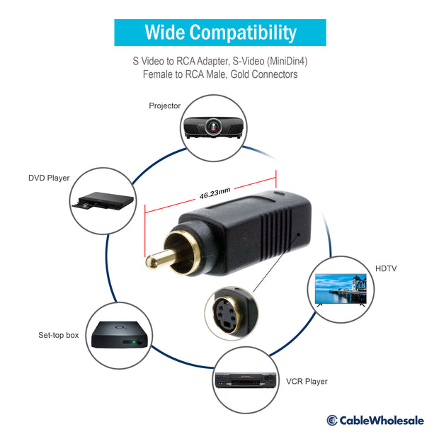 S Video to RCA Adapter, S-Video (MiniDin4) Female to RCA Male, Gold Connectors