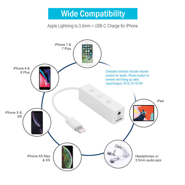 Apple Authorized 3.5mm audio  + charge, lightning Male to  Female Adapter Cable, 6 inch