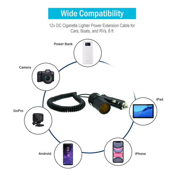 12v DC Cigarette Lighter Power Extension Cable for Cars, Boats, and RVs, 6 foot