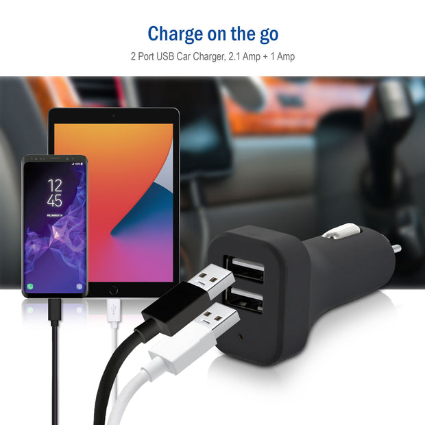 2 Port USB Car Charger, 2.1 Amp + 1 Amp