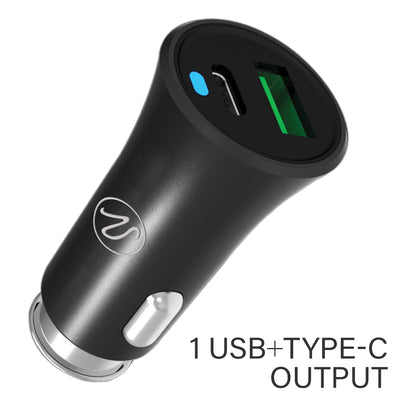 2 Port USB Car Charger, 3.4A total, Cigarette Lighter Plug, 1x USB Type A, 1x USB Type C, Black