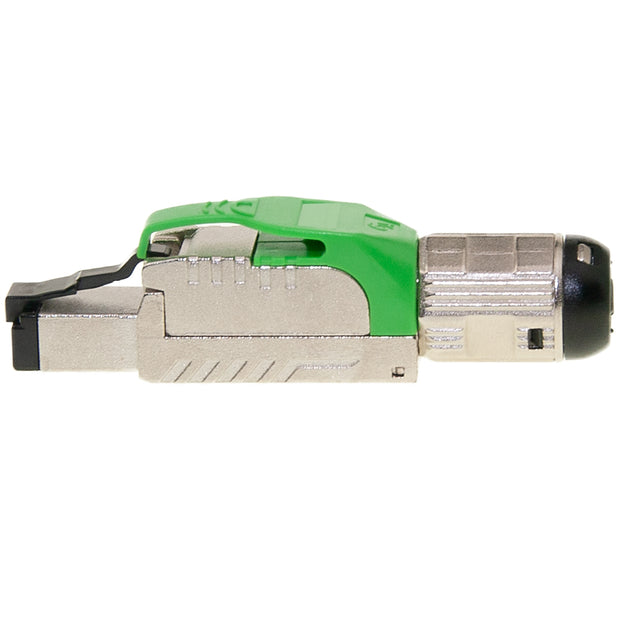Shielded Cat6a field terminable plug for solid/stranded cable, 23-26 AWG conductors, 6.0-7.5mm OD, POE Compliant