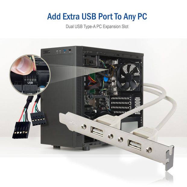 USB PC Expansion Slot Cover, Dual USB Type A Female Ports to Board Header