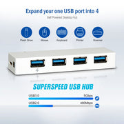 USB 3.2 Gen 1x1 Super Speed 4 Port Hub, 5 Gbps, White, Self Powered