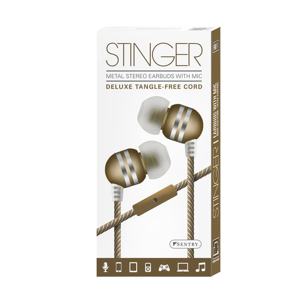 Stinger, Metallic Finish Stereo Earbuds w/ Microphone, Nylon Braided Cloth Cord, 4 foot